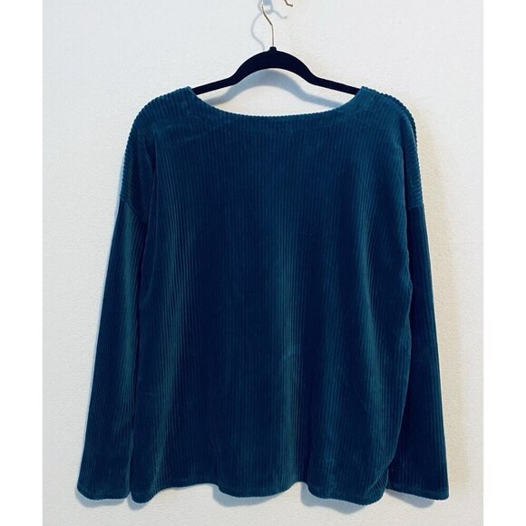 J Jill Top Womens Large Teal Blue Ribbed Velour V Neck Boxy Comfy Loungewear - Picture 3 of 7